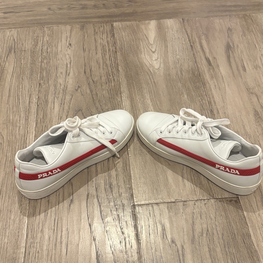 Prada White Sneakers with Red Stripe